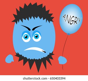 A blue creature with a balloon in his hand and an inscription "Angry". On an red isolated background. Vector.