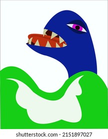 A blue creature in a green sea. This illustration can be used as an advertising concept for cards and placards for creative organizations. Vector illustration, isolated.