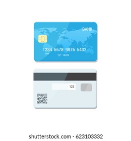 Blue Credit Card with both sides - vector isolated icon. Payment flat concept.