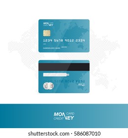 Blue credit card. Front and back side of the card against the background of the digital world map. Vector illustration EPS 10