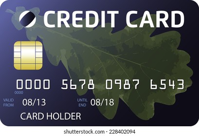 Blue credit card with green oak tree leaf