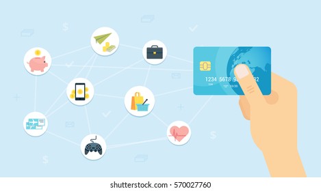 Blue credit card and icons - vector illustration. Payment concept in flat style.