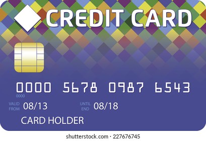 Blue credit card with multicolored blending squares pattern