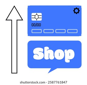 Blue credit card and speech bubble with Shop text next to an upward arrow. Ideal for retail, finance, e-commerce, online transactions, digital marketing. Simple modern flat style