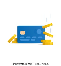 Blue credit debit card and the falling coins. Money refund. Сoncept of finance, savings and cashback offers. Vector illustration in flan sttyle.