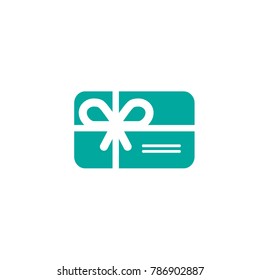 Blue credit debit card with outline. Gift card icon with big bow. Bank present sign. Vector flat icon isolated on white. Money surprise