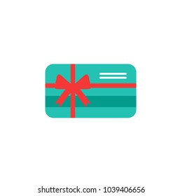 Blue credit debit card with red bow and ribbon. Gift card icon. Bank present sign. Vector flat icon isolated on white. Money surprise