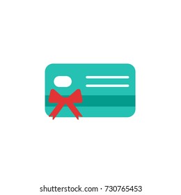 Blue credit debit card with red bow and ribbon. Gift card icon. Bank present sign. Vector flat icon isolated on white. Money surprise