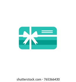 Blue credit debit card with white bow and ribbon. Gift card icon. Bank present sign. Vector flat icon isolated on white. Money surprise