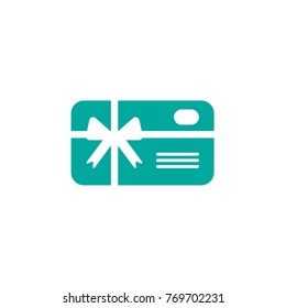 Blue credit debit card with white bow and ribbon. Gift card icon. Bank present sign. Vector flat icon isolated on white. Money surprise