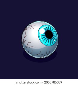 Blue creepy eyeball on a dark background. Isometric icon. Design element for Halloween and horror illustrations or games.