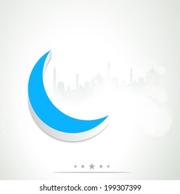 Blue crescent moon on mosque silhouette grey background for holy month of Muslim community Ramadan Kareem. 