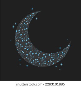 Blue crescent with stars and herbs. For print for T-shirts and bags, decor element. Mystical and magical, astrology illustration