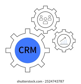 Blue CRM gear connected with gears representing a team and growth analytics. Ideal for business strategy, customer management, teamwork, technological systems, and data analysis. Clean modern style