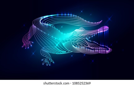 Blue crocodile composed. Marine animal digital concept. Vector illustration of a starry sea or Comos. The crocodile consists of lines. Wireframe light connection structure