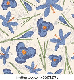 blue crocuses on a white background in seamless pattern