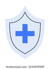 Blue cross centered inside a light blue shield, outlined in black. Ideal for healthcare, medical insurance, safety, security, and well-being. Clean, simple, and vector style.