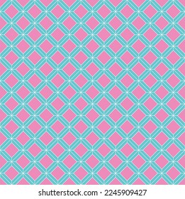 Blue cross diagonal pattern on pink background. Colorful 45-degree maze square pattern on pink background. Diagonal lines and squares.