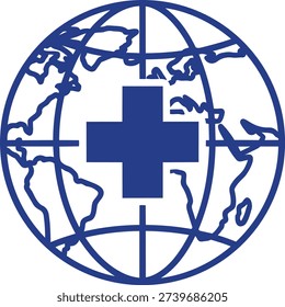 Blue cross emblem superimposed on a stylized world map outline symbolizing global health humanitarian aid and international cooperation isolated on transparent background