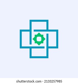 Blue cross with green ornament inside vector logo. Logo for medical-related theme, hospital, clinic, and healthcare.