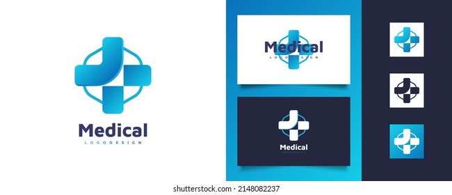 Blue Cross Logo for Hospital, Pharmacy, Drug Store, or Clinic Logo Identity. Cross with Hexagon Shape Logo for Healthcare Business