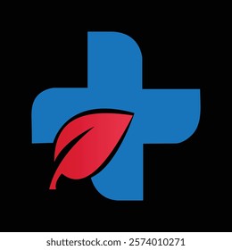 Blue cross medical logo with red leaf - healthcare, pharmacy, and natural wellness symbol