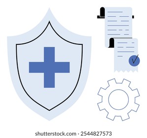 Blue cross on a shield symbolizing protection next to documents with a checkmark and a gear, ideal for themes like safety health agreement insurance policy process. Modern minimalist style