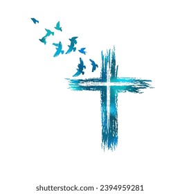 Blue cross religious with birds. Happy easter. hand drawing. Not AI . Vector illustration.