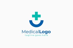 Signe De Croix Bleu Avec Icône Santé Logo Médical En Demi-Cercle Isolé Sur Fond Blanc. Élément De Modèle De Création De Logos Vectoriels Plats
