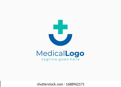 Blue Cross Sign with Half Circle Line Medical Logo Health Icon isolated on White Background. Flat Vector Logo Design Template Element