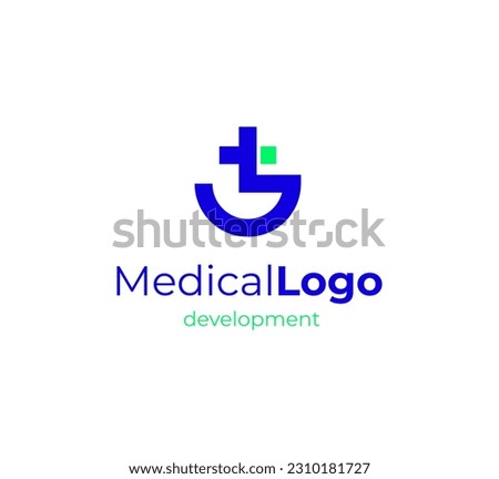 Blue Cross Sign with Half Circle Line Medical Logo Health Icon isolated on White Background