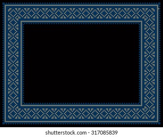 blue cross stitch frame vector on black background, ethnic hmong pattern illustration