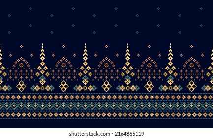 Blue Cross Stitch. Geometric ethnic patterns. Saree, Patola, Sari, Dupatta, Vyshyvanka, rushnyk, Clothing, fabric, batik, Knitwear, Embroidery, Ikat, Ikkat, Pixel pattern. Vector. Traditional Design.