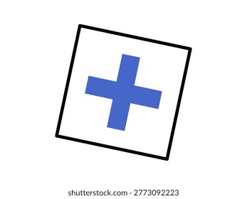 Blue cross symbol inside a tilted black square frame vector illustration. Healthcare, medical clinic, pharmacy, first aid, emergency, hospital. Azure plus sign within a rotated box
