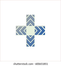 Blue blue cross with triangular lines and a blank square in the center of the vector