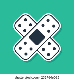 Blue Crossed bandage plaster icon isolated on green background. Medical plaster, adhesive bandage, flexible fabric bandage.  Vector