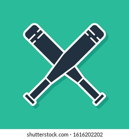 Blue Crossed baseball bat icon isolated on green background.  Vector Illustration