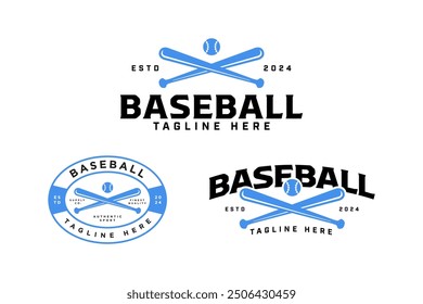 blue crossed baseball bats and ball modern logo vector design collection for baseball sport club, tournament, t-shirt and merchandise designs 