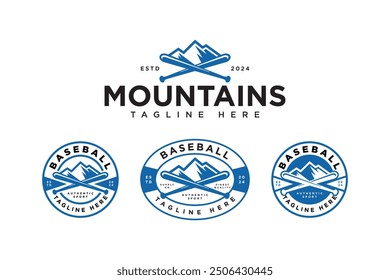 blue crossed baseball bats with mountain modern logo vector design collection for baseball sport club, tournament, t-shirt and merchandise designs 