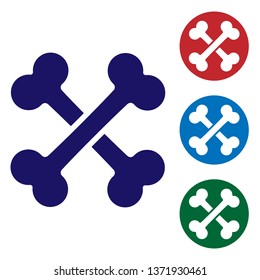Blue Crossed bones icon isolated on white background. Pets food symbol. Set color icon in circle buttons. Vector Illustration