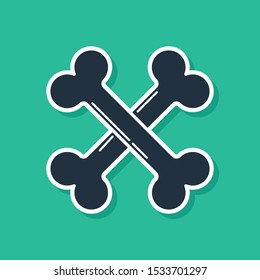 Blue Crossed bones icon isolated on green background. Pets food symbol. Happy Halloween party.  Vector Illustration