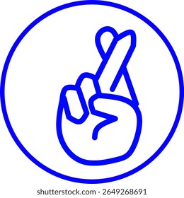 Blue crossed fingers hand gesture icon outlined in a circle on white background, symbolizing hope, luck, good wishes, and optimism in a clean, modern style.