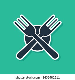Blue Crossed fork icon isolated on green background. Cutlery symbol.  Vector Illustration