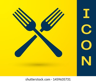 Blue Crossed fork icon isolated on yellow background. Cutlery symbol.  Vector Illustration