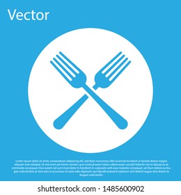 Blue Crossed fork icon isolated on blue background. Cutlery symbol. White circle button. Vector Illustration