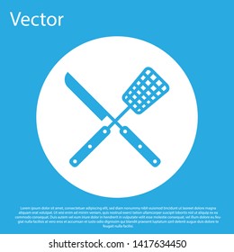 Blue Crossed fork and knife icon isolated on blue background. BBQ fork and knife sign. Barbecue and grill tools. White circle button. Vector Illustration