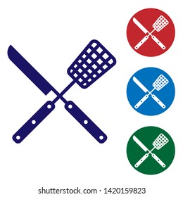 Blue Crossed fork and knife icon isolated on white background. BBQ fork and knife sign. Barbecue and grill tools. Set color icon in circle buttons. Vector Illustration