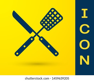 Blue Crossed fork and knife icon isolated on yellow background. BBQ fork and knife sign. Barbecue and grill tools. Vector Illustration