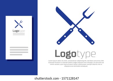 Blue Crossed fork and knife icon isolated on white background. BBQ fork and knife sign. Barbecue and grill tools. Logo design template element. Vector Illustration