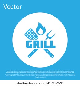 Blue Crossed fork and spatula icon isolated on blue background. Fire flame sign. BBQ fork and spatula sign. Barbecue and grill tools. White circle button. Vector Illustration